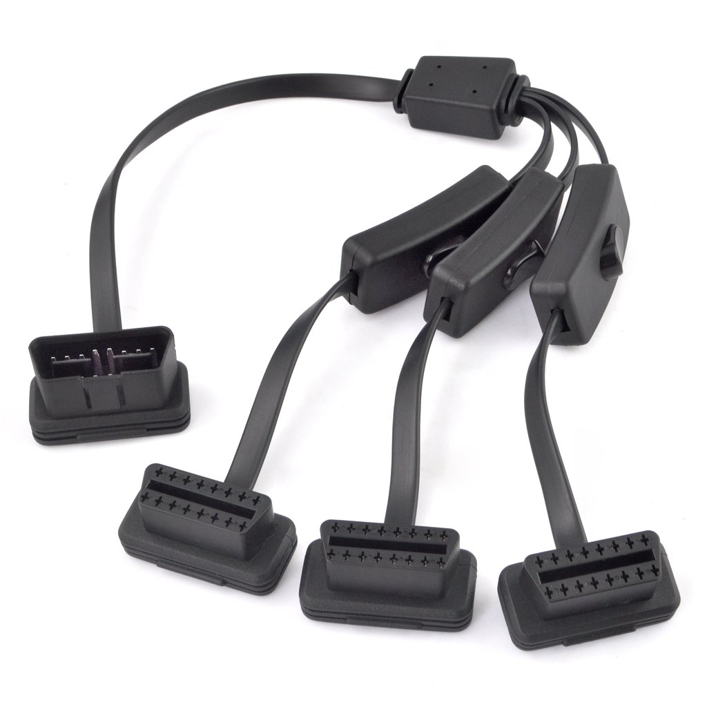 iKKEGOL OBD2 OBDII 1 to 2 Ultra Low Profile 16 Pin Male to Female Y Splitter Cord Diagnostic Extension Cable with Individually Power Switch 50cm / 20"""