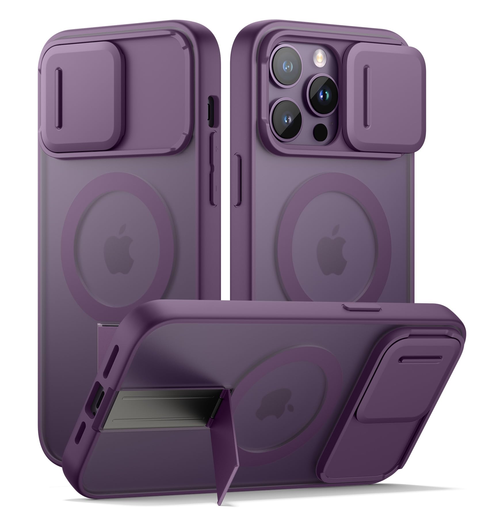 SURITCH for iPhone 14 Pro Max Case, Compatible with MagSafe, Built-in Kickstand & Camera Cover & Translucent Back, Shockproof Rugged Protective Phone Cover 6.7 Inch, Purple