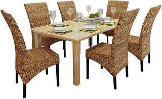 6 Brown Manila Abaca Chairs, Solid Mango Wood, 18.5"x19.7"x38.2", Rustic Modern for Kitchen Dining Living