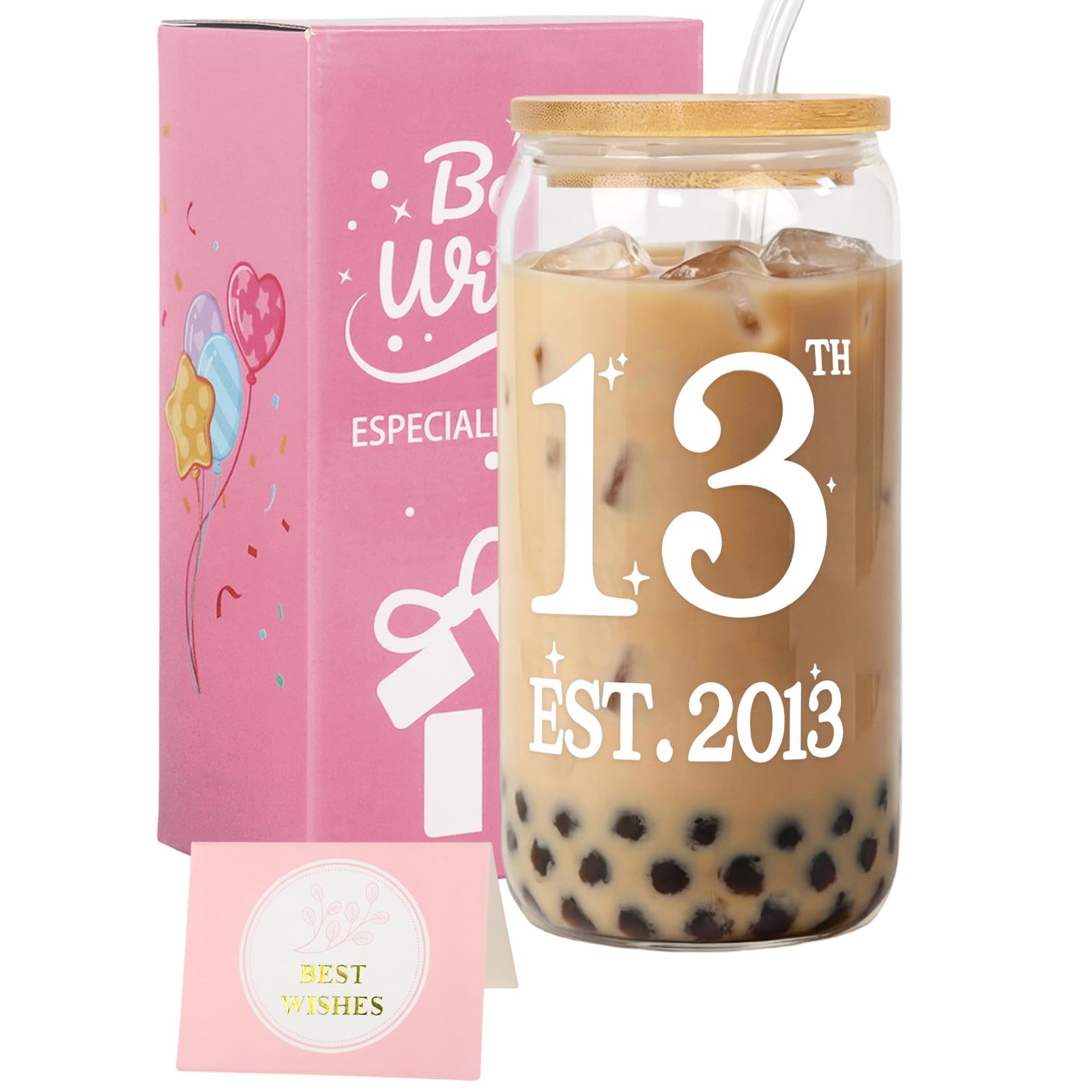 Nwvuop 13th Birthday Gift for Girls, 16oz 13th Birthday Glass Cup with Lid & Straw, Birthday Presents for 13 Year Old Girls