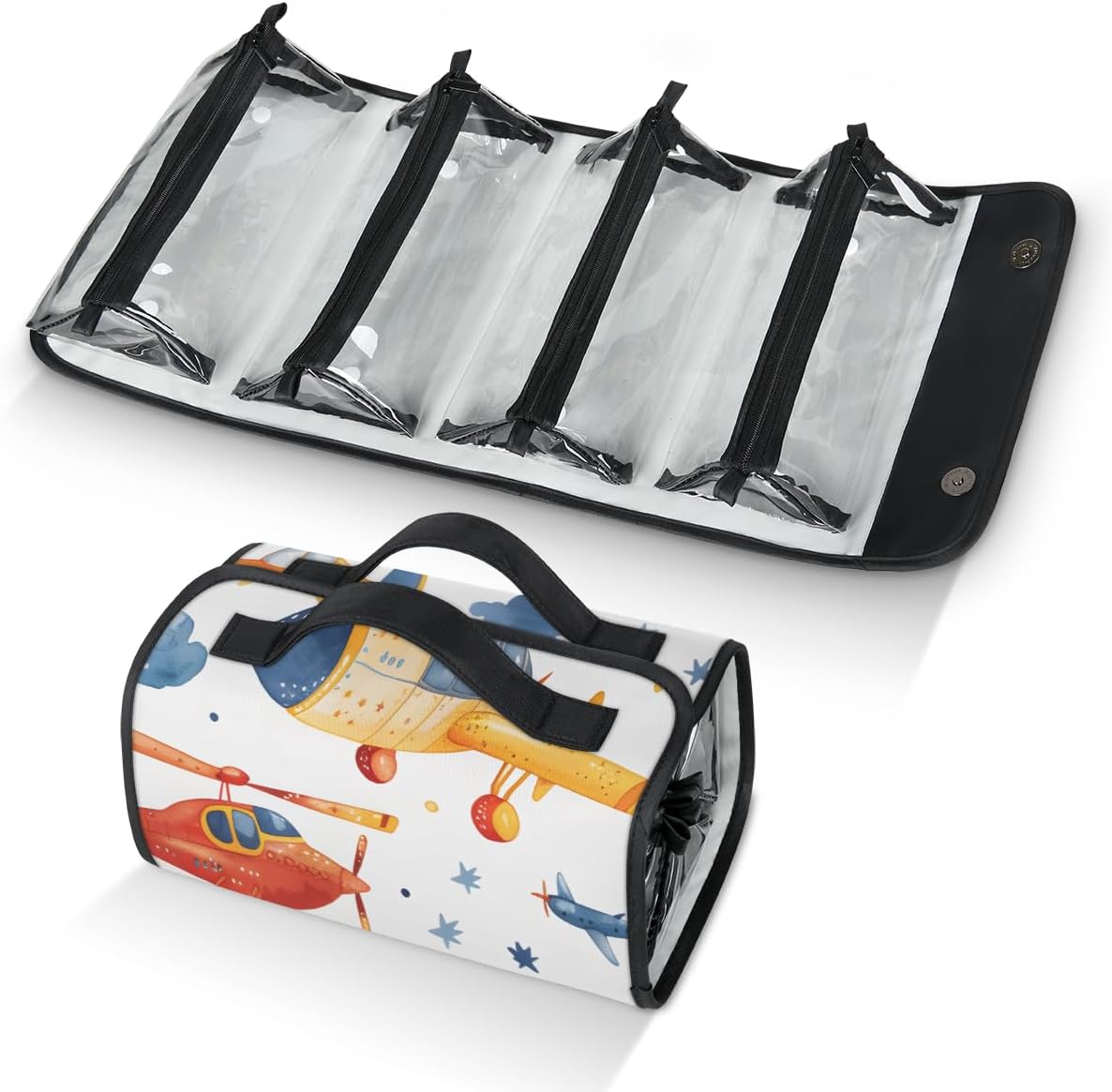 Airplane Makeup Bag for Women Hanging Roll-Up Travel Organizer Toiletry Kit with 4 Removable Compartments, Cartoon