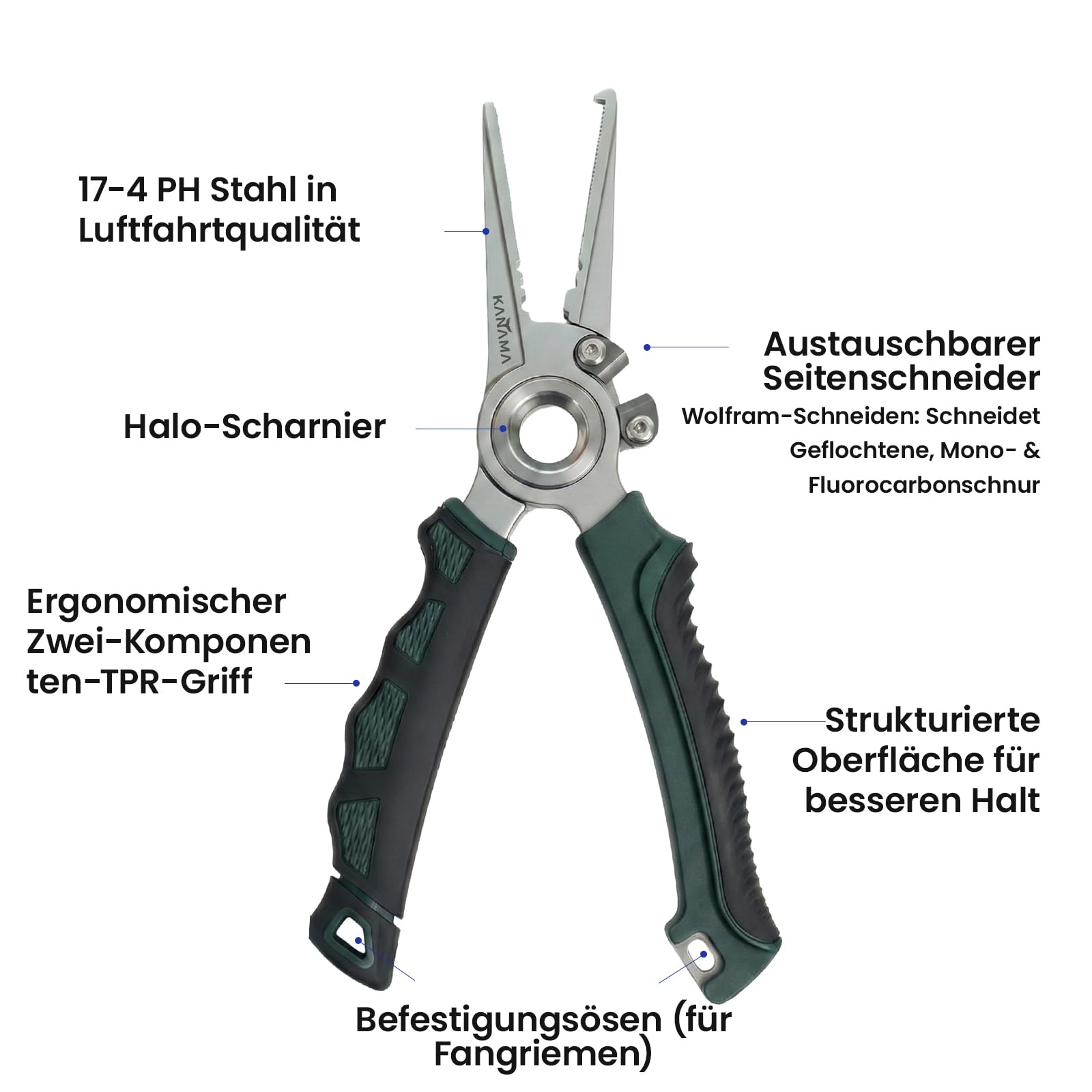 KANAMA Angelzange aus 17-4 Edelstahl, 19 cm Rostfreie Salzwasser Angelzange mit Sprengringöffner, Hakenlöser und Wolframkarbid Schnurschneider für Geflochtene Schnüre, Angler Geschenke für Männer