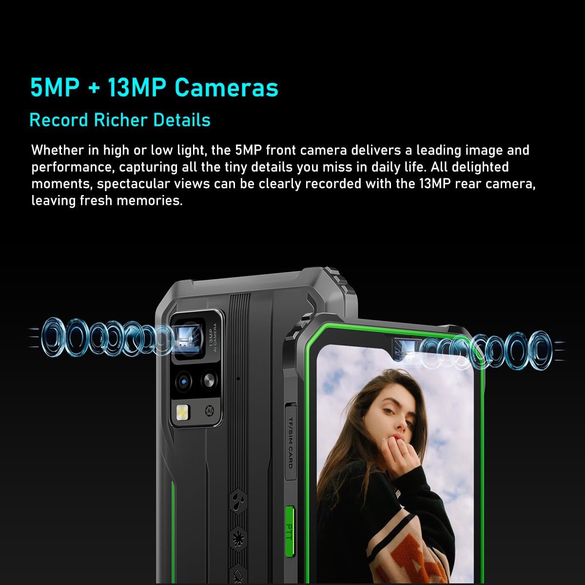 Image depicting the Blackview BV4800 Pro's Smart-K BOX speaker, with sound waves emanating from the phone, and an astronaut listening to music.