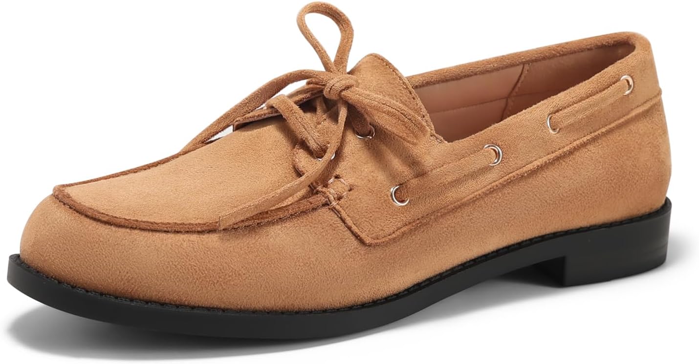 Coutgo Loafers for Women Slip On Flats Lace Up Closed Toe Boat Shoes | Comfortable, Block Low Heel, Non-Slip, Faux Suede, Moccasins, Dressy, Casual, Work, Office, Formal, Going Out