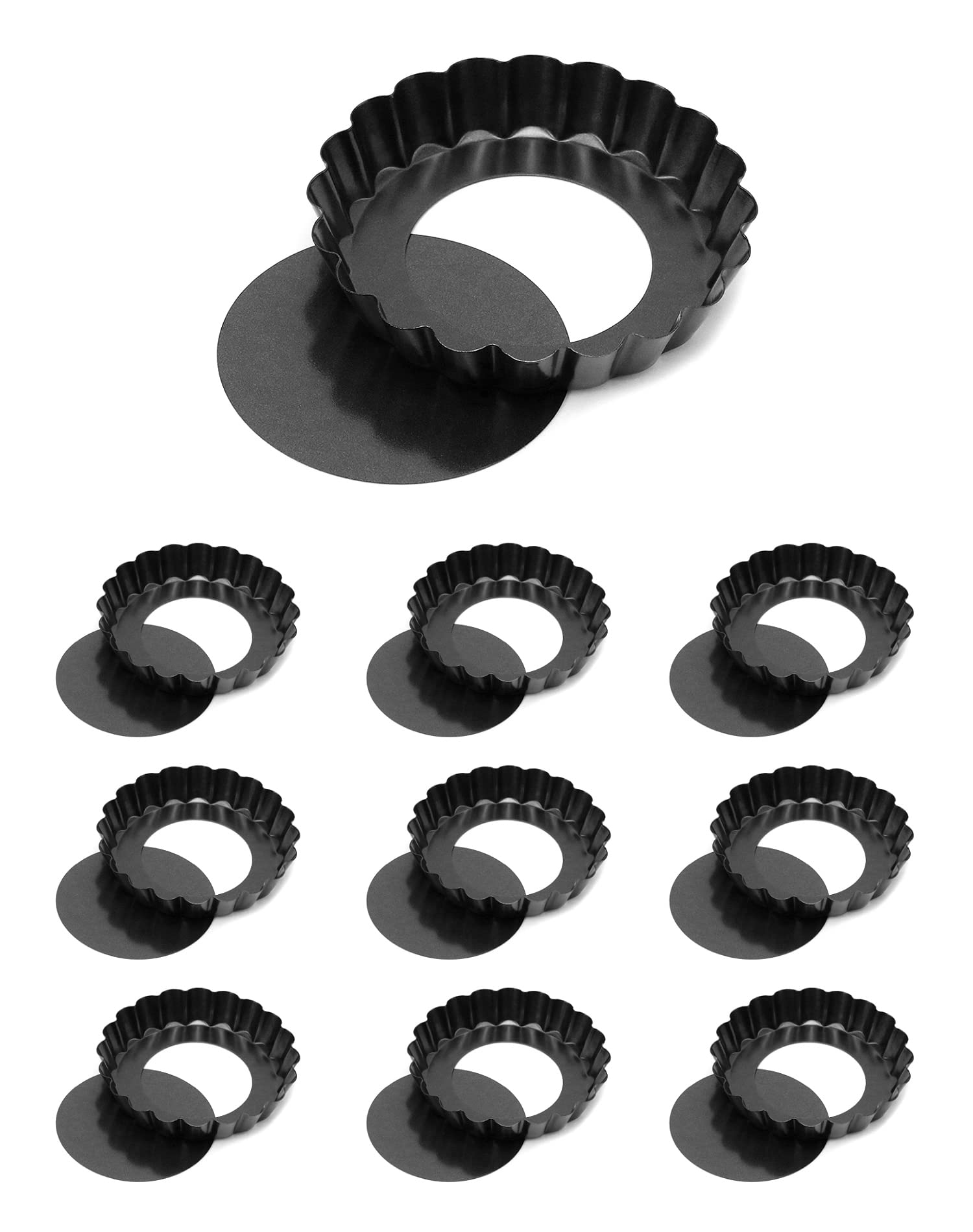 QWORK® 10-częściowa forma do tart Ø10cm z podnoszoną podstawą, foremki na mini tartaletki, forma do quiche wykonana ze stali węglowej dopuszczonej do kontaktu z żywnością z powłoką nieprzywierającą
