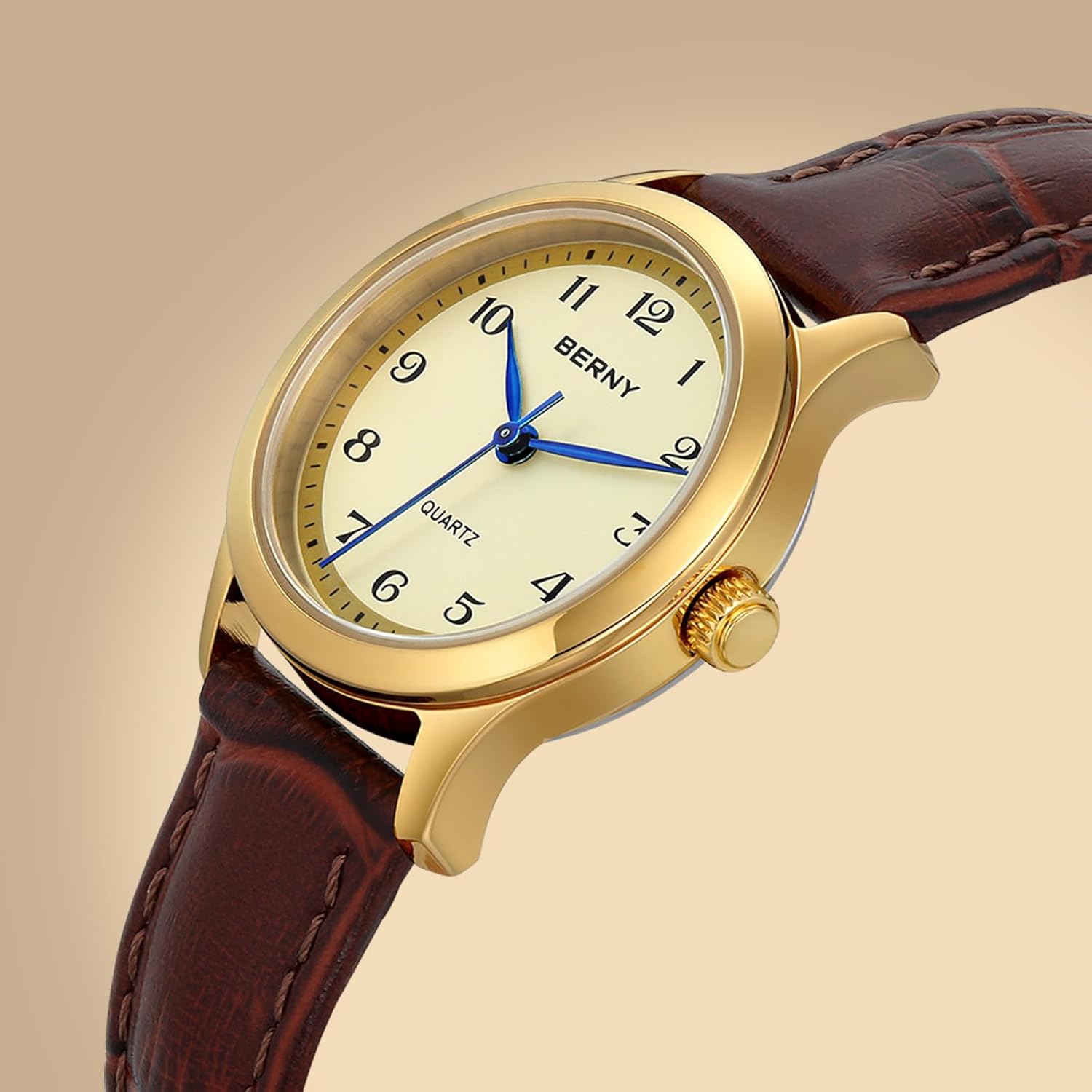 BERNY Dainty Gold Watches for Women Small Women's Leather Wrist Watch Vintage Easy Reader Watch - Image 2