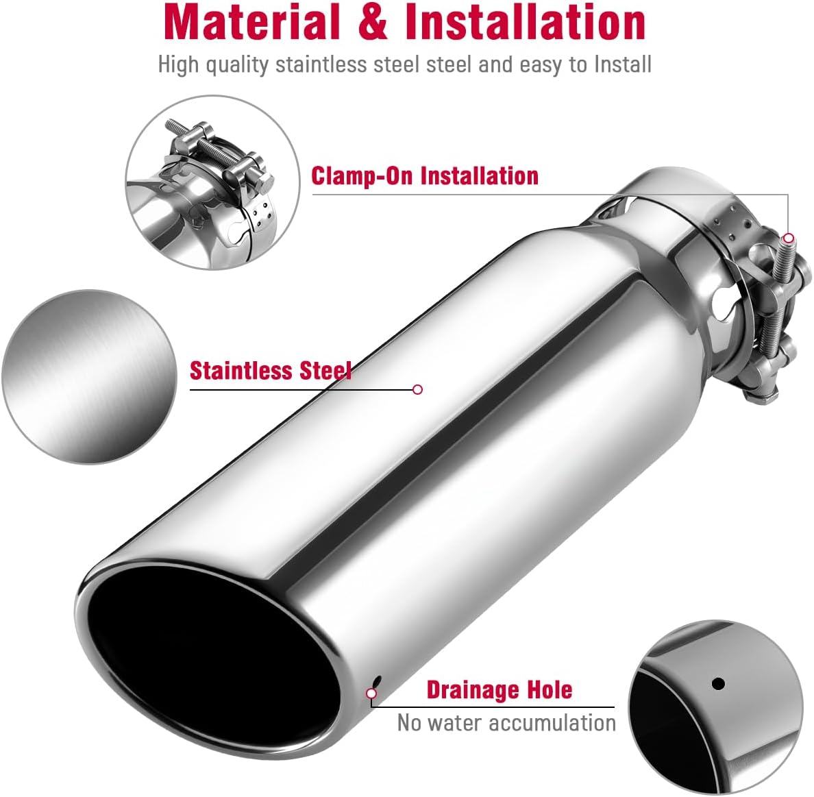 Upower Exhaust Tip 3" Inlet, 3” Inlet 4” Outlet 12” Long Stainless Steel Polished Clamp On Muffler Tip For Truck Tailpipe