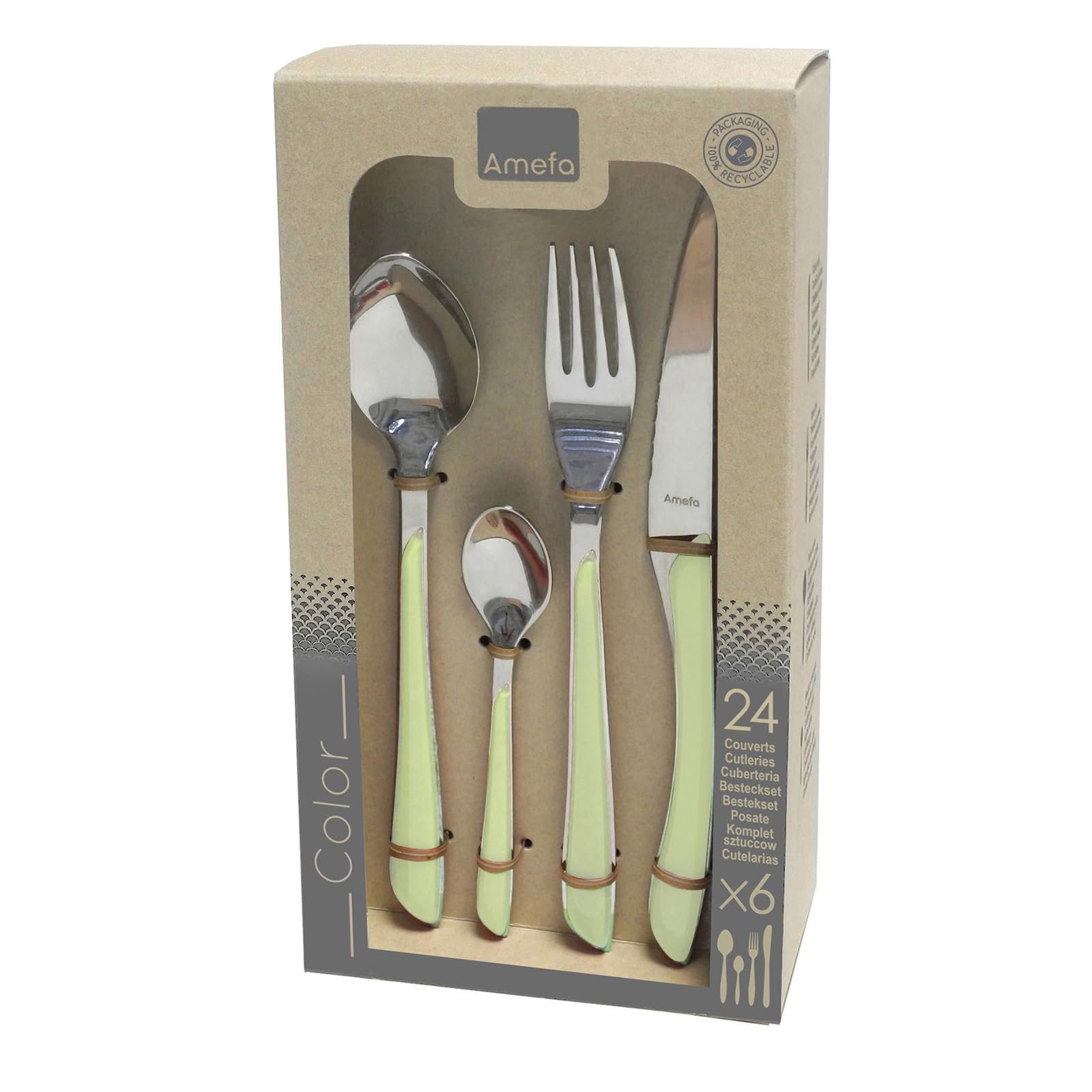 Amefa ECLAT Besteckset, 24-teilig, Besteck Set 6 Personen, Kunststoff Griffe in Pastellgrün, Spülmaschinenfest, Besteck aus rostfreiem Edelstahl