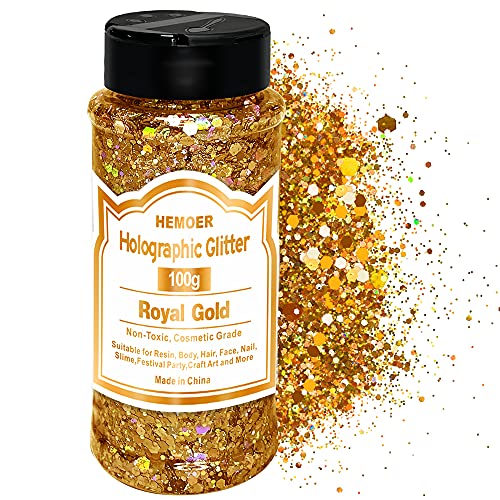 HEMOER Holographique Grosses Paillettes, Or royal 100g Sequins Glitter, Paillettes pour Visage, Corps, Cheveux, Résine Epoxy, Paillette Visage Festival-Le Total 3.52oz