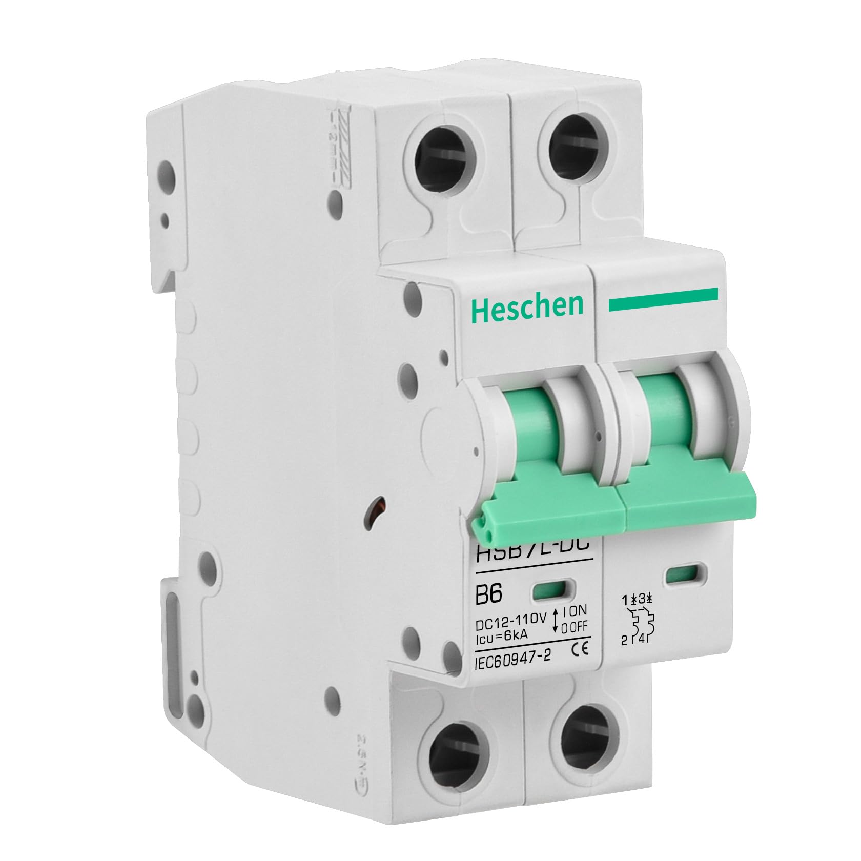 Heschen DC Miniature Circuit Breaker, HSB7L-DC, 2 Poles, DC 12-110V, Type B, 6KA Breaking Capacity, 35mm DIN Rail Mounting (6A)