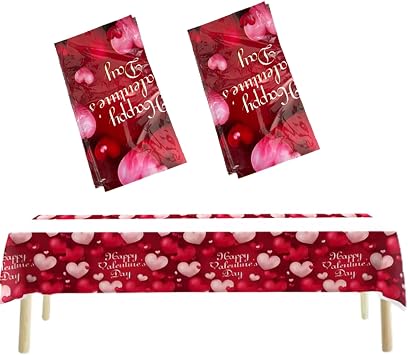 Atvscay Happy Valentines Day Tablecloth Valentines Day Hot Red Heart Love Tablecloth Waterproof Plastic Rectangle Disposable Table Cover for Valentines Day 2 Pack 2 Tablecloths