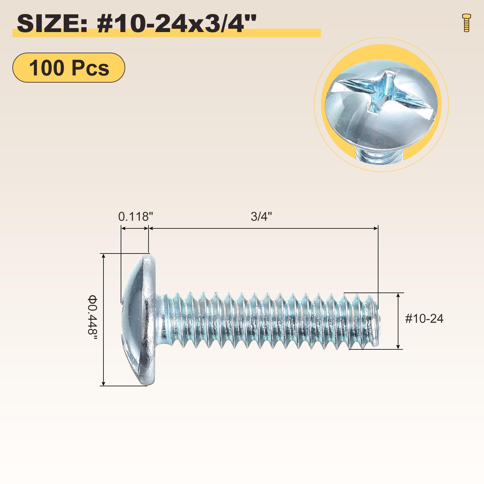 METALLIXITY Machine Screws Phillips Combo Head(#10-24x3/4") 100Pcs, Carbon Steel Round Head Cross Drive Furniture Bolts - Image 2