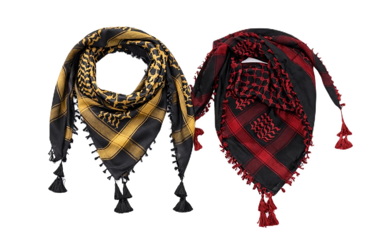 Pack of 2 Arabic Keffiyeh Scarf for Men | Cotton Blend Shemagh Head Wrap with Tassels | Black-Golden & Black-Red-picture-22