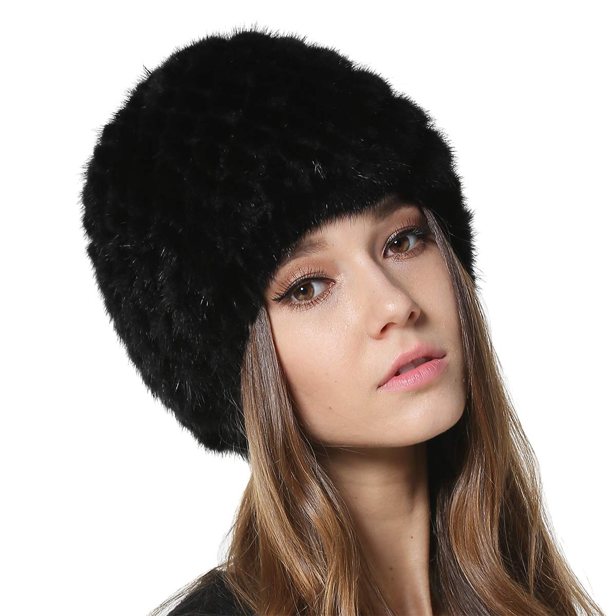 KAISHIN Cappelli di Pelliccia di Visone Invernale per Donna Cappelli di Vera Pelliccia a Maglia con Fodera a Maglia