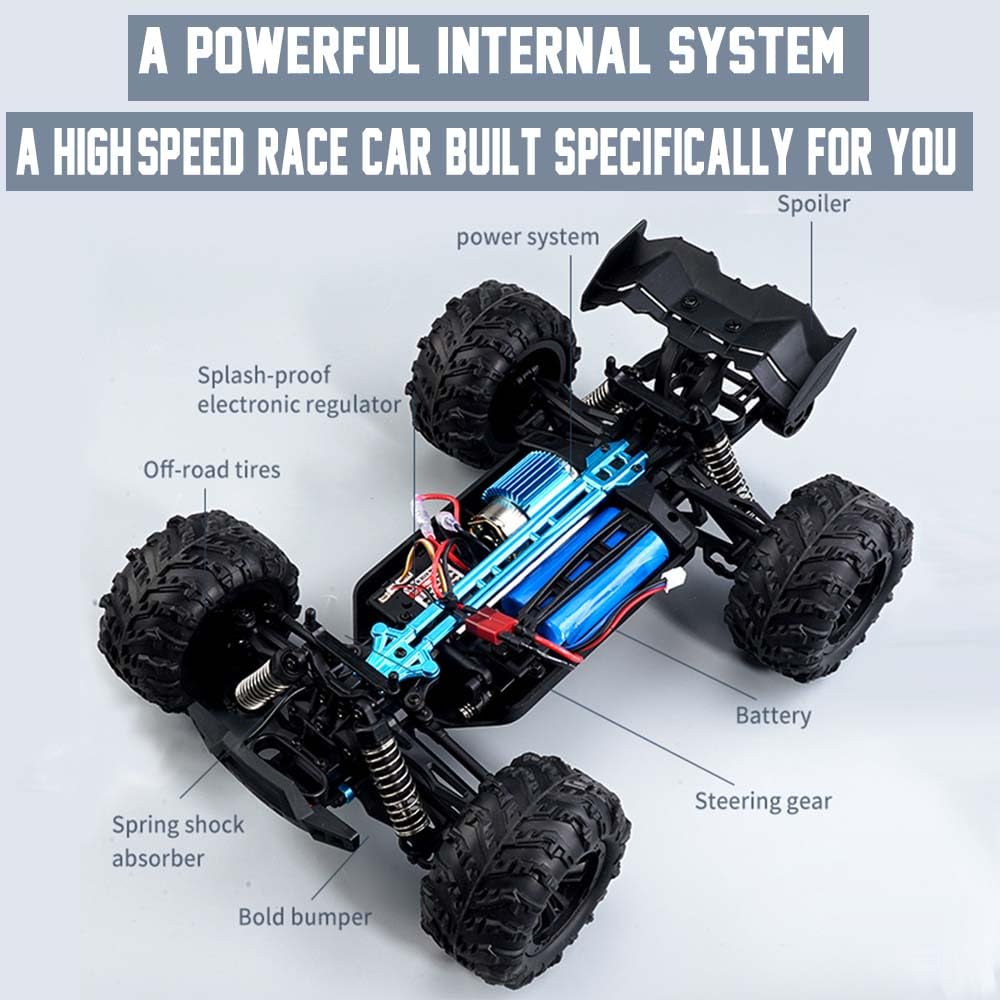 Auto telecomandata, 1:16 50 km/h, auto RC, 4 WD All Terrain Off-Road, 2.4GHz Monster Truck telecomandato per adulti, motore con spazzole di carbonio, Blu (3 batterie)