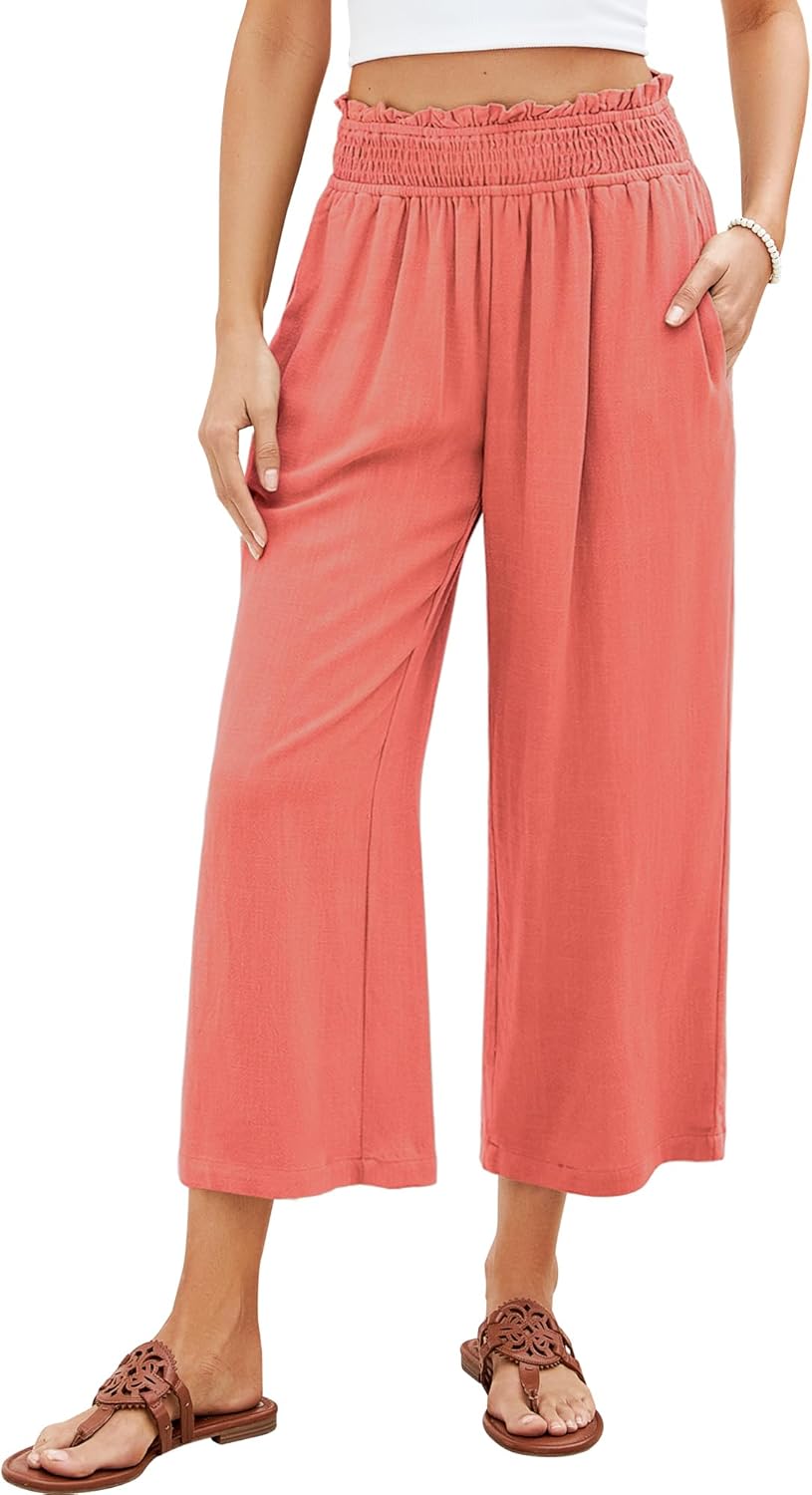 GRAPENT Capri Pants for Women High Waisted Wide Leg Linen Palazzo Trousers Pull On Elastic Smock Waist Loose Flowy Pants