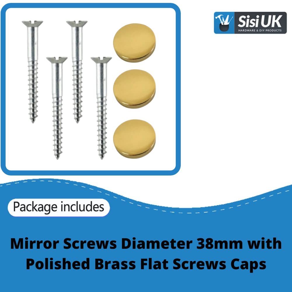 Mirror Screws with Decorative Cap Covers 38mm Mirror Screw 13mm Polished Brass Flat Screw Caps Mirror Screws Fitting Set for Mirror Tables Bath Plates Wardrobes Glass Signs Pack of 20 - Image 2