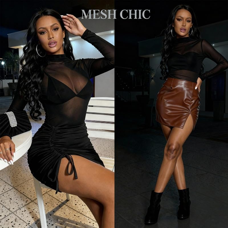 Sheer Tops for Women Mock Neck Black Mesh Long Sleeve Top Country Concert Outfits See Through Tops for Women - Image 4