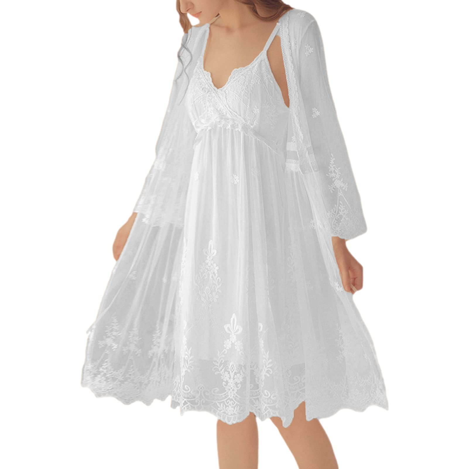 Donna 2 Pezzi retrò Set di Camicia da Notte con Scollo a V e con Cinturino Regolabili e Vestaglia Elegante Abbigliamento da Notte per Sposa Nozze Festa & Loungewear