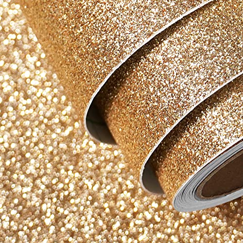 FunStick Papier Pailleté Champagne Doré Brillant Papier Doré Adhésif pour Meuble Armoires Décoration Papier Peint Adhésif Or Pailleté pour Meuble Mural...