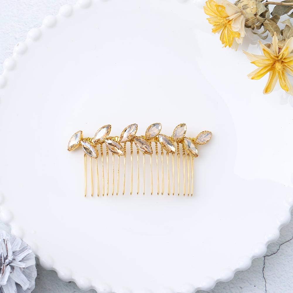 Jovono Bride Wedding Hair Comb Bridal Headpieces with Champagne Rhinestone for Women and Girls (Gold)