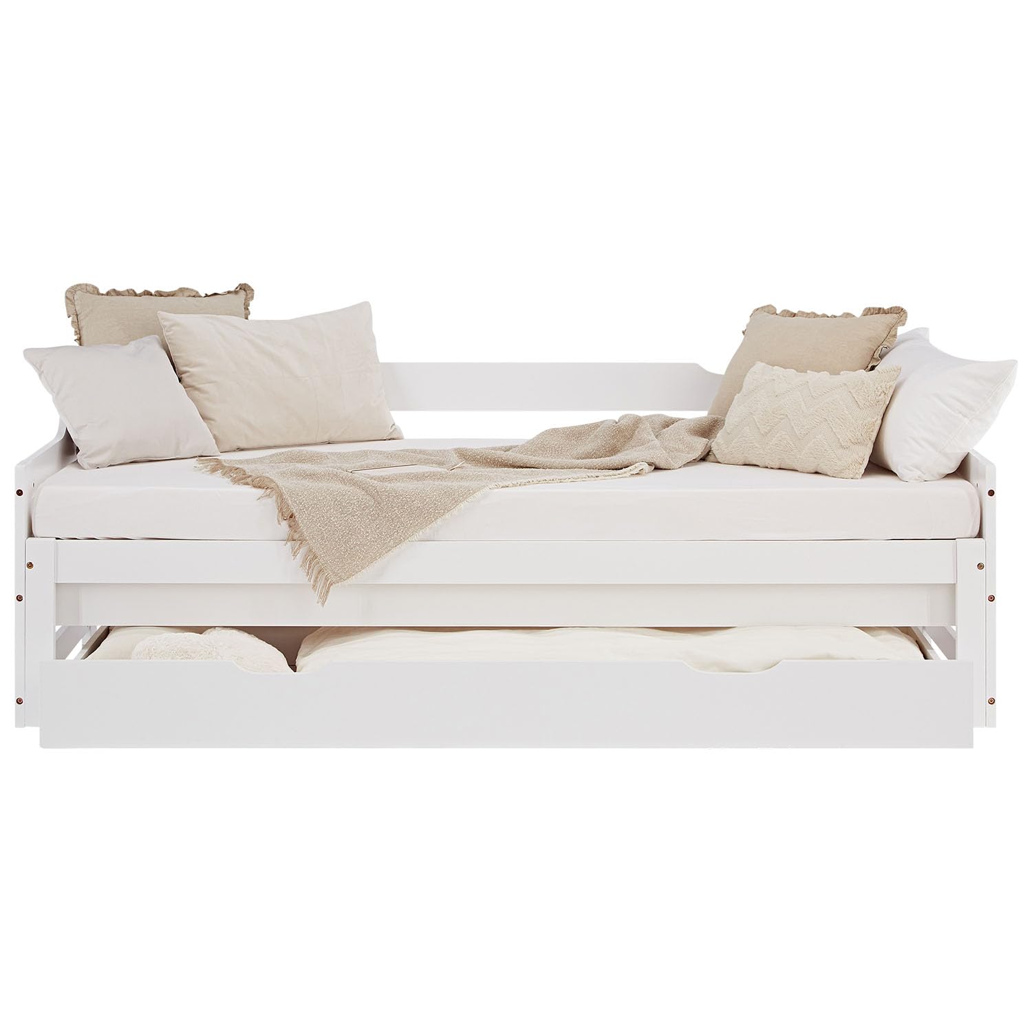 Homestyle4u Kinderbett 90x200 Ausziehbar - Holzbett Weiss mit Schublade | Massives Kiefernholz Tagesbett, Ausziehbett auf 180x200 Doppelbett, inklusive Lattenrost & Stauraum Funktionsbett