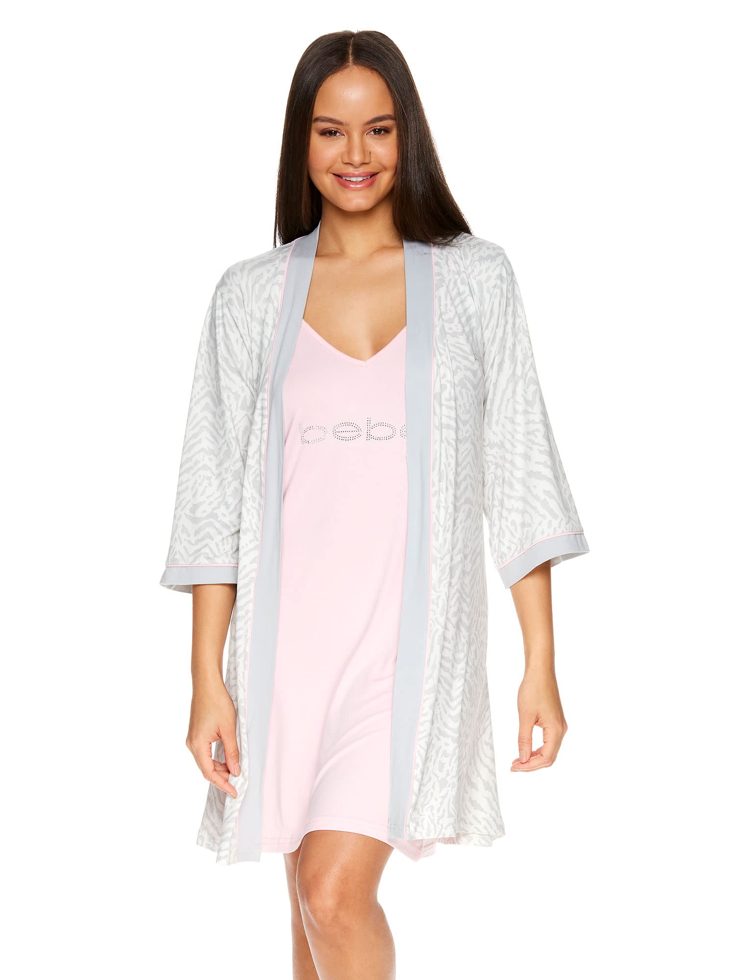 bebe Womens Nightgowns Lace Trim Chemise Lounge & Belted Wrap Pajama Robe Sleepwear Set