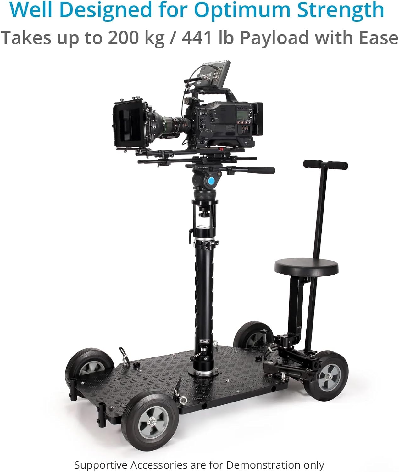 Proaim Telescopic Bazooka mounted on a camera dolly with a professional camera setup, demonstrating its payload capacity.