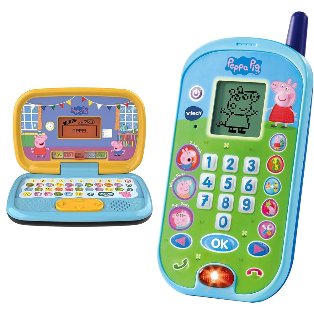 VTech Peppas Lernlaptop – Lerncomputer mit ABC-Tastatur & Peppas Lerntelefon – Mit den Originalstimmen aus der Peppa Pig Serie und spannenden Lernspielen – Für Kinder von 2-5 Jahren