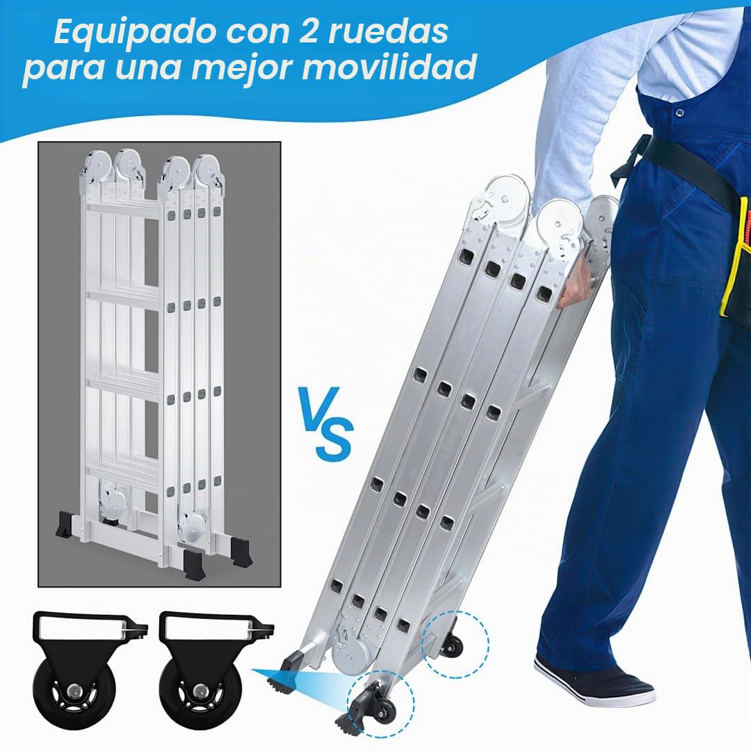 𝗬𝗮𝗸𝗶𝗺𝘇 Escalera multifunción de Aluminio, 4 x 5 m, 580 cm, 16 peldaños con 2 Placas de andamio y 2 Ruedas