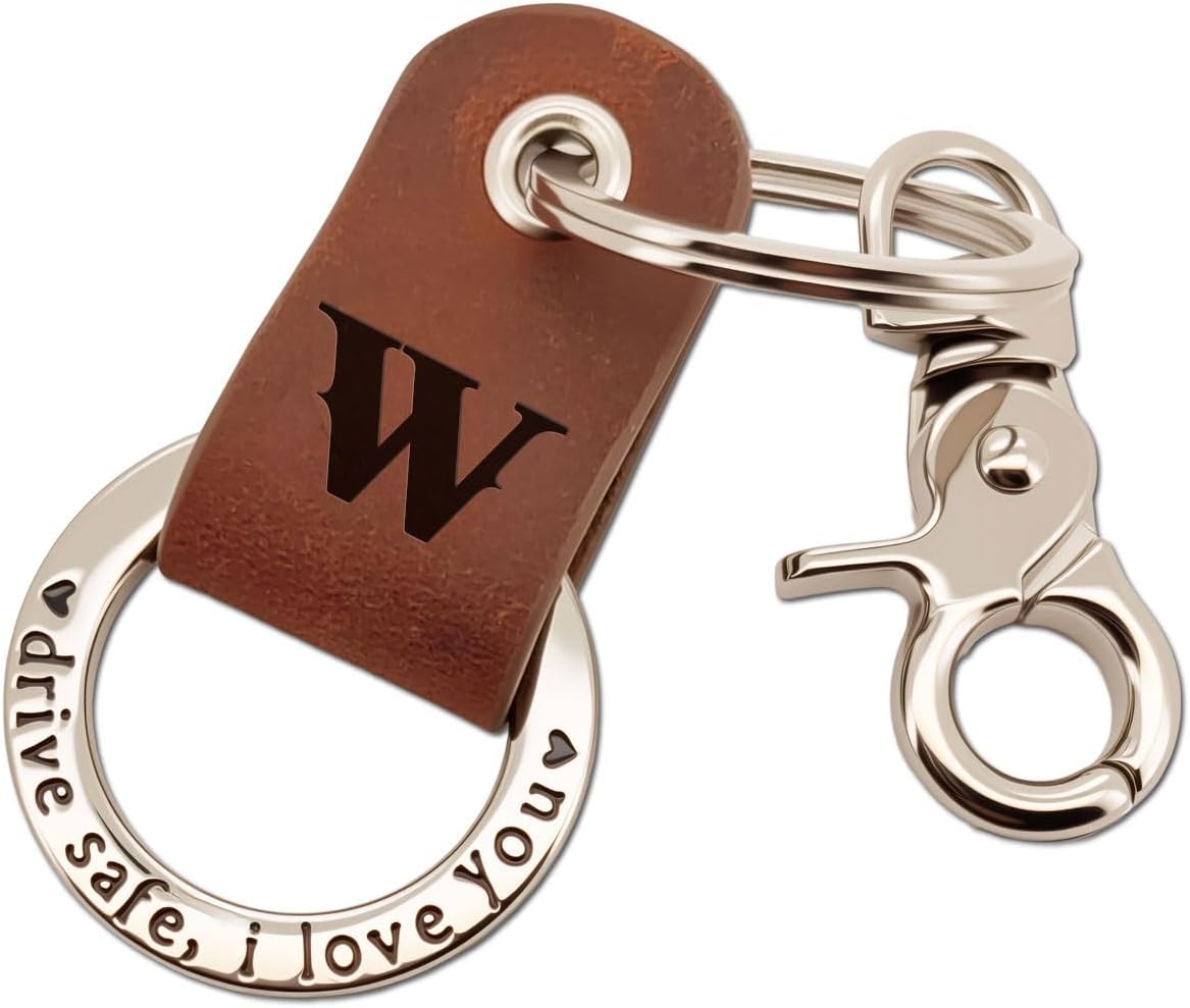 Custom Engraved Leather Keychain, Personalized Initial Key Ring for Him, Stainless Steel Couple Gift for Men & Women