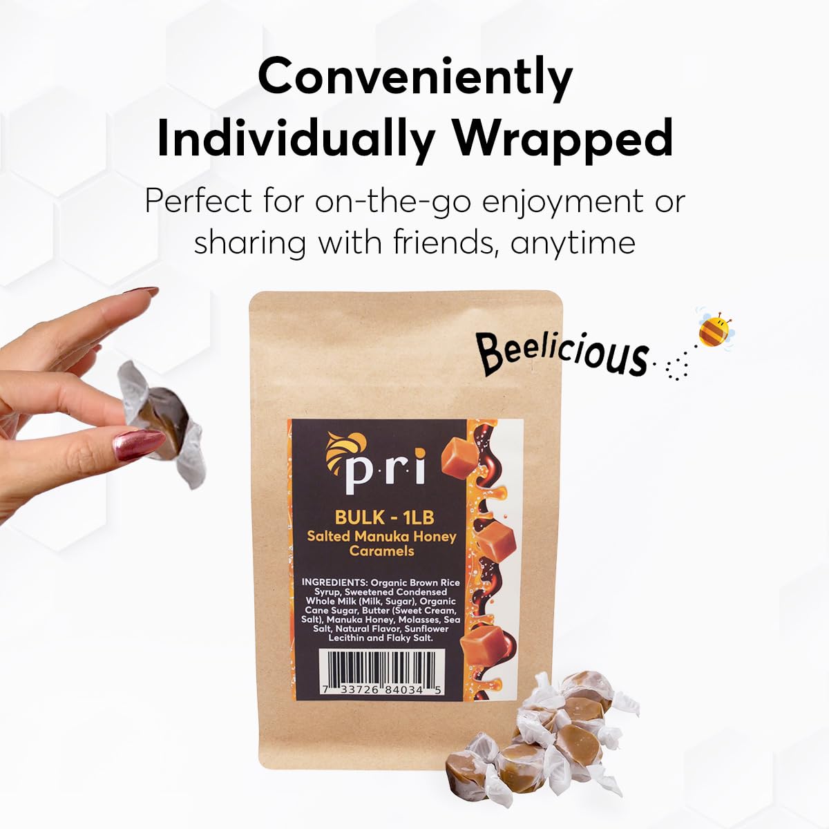 P.R.I Manuka Honey Salted Caramels – 1 lb Bulk Bag – Soft Chewy Caramels Made with New Zealand Manuka Honey & Sea Salt – Clean‑Label, No Corn Syrup, Gluten‑Free, Value Size Sharing Bag