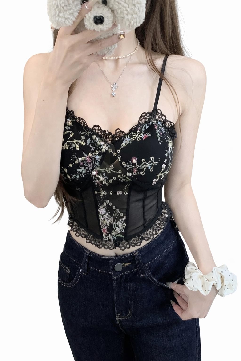 Women’s Floral Lace Corset Crop Top with Spaghetti Straps, Bustier Style Slim Fit Party & Casual Wear Top DN72980