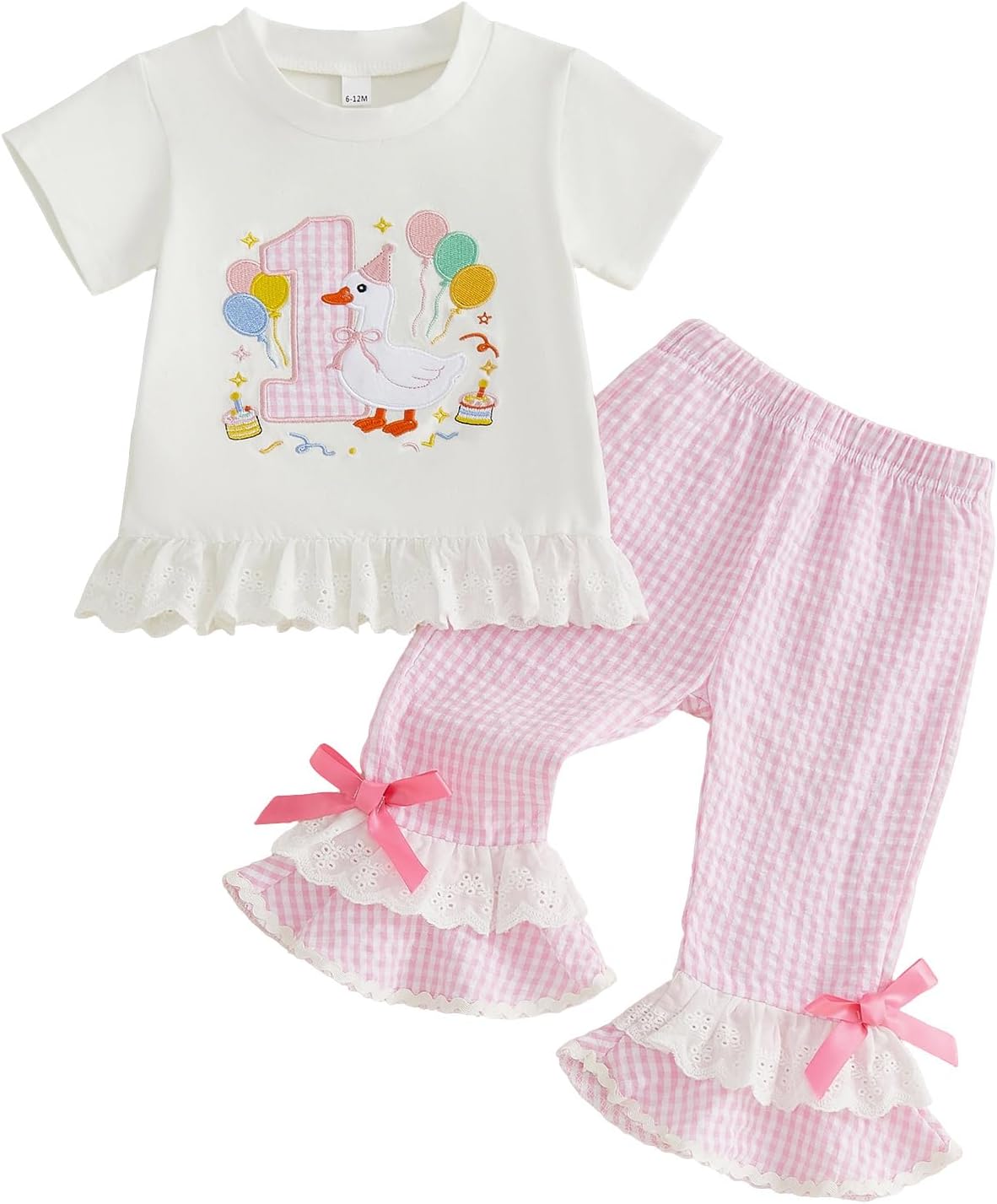 SAYOO Toddler Baby Girl Birthday Outfits Birthday Girl Embroidery Lace Ruffle Shirt Plaid Bell Bottom Pants Summer Clothes