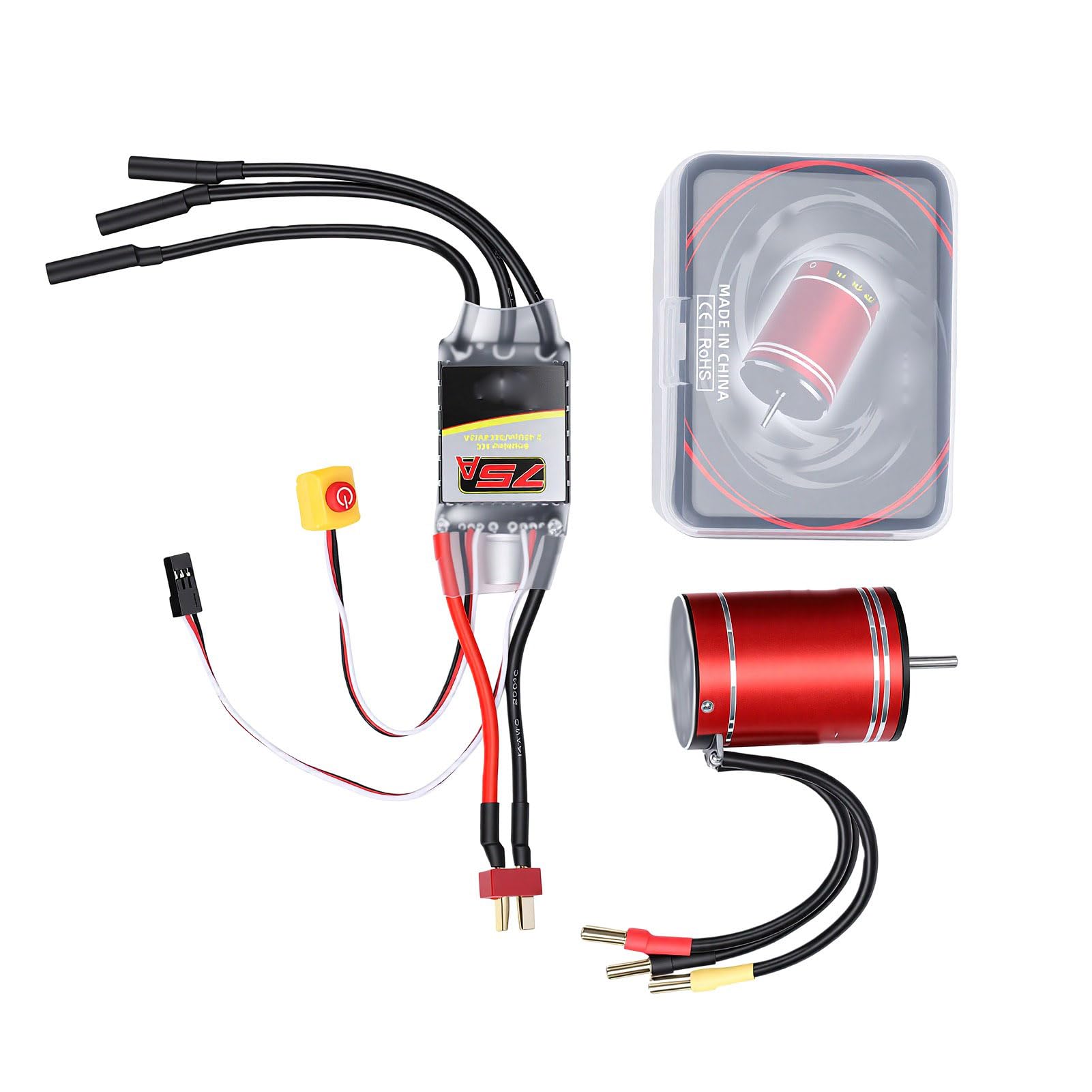 Fockety Zestaw Hobby RC Silnik Bezszczotkowy ESC, Wodoodporny Silnik Bezszczotkowy 3650 3400KV i Zestaw ESC 75A do Samochodów Zdalnie Sterowanych 1/10 1/8, Ciężarówek, Łodzi
