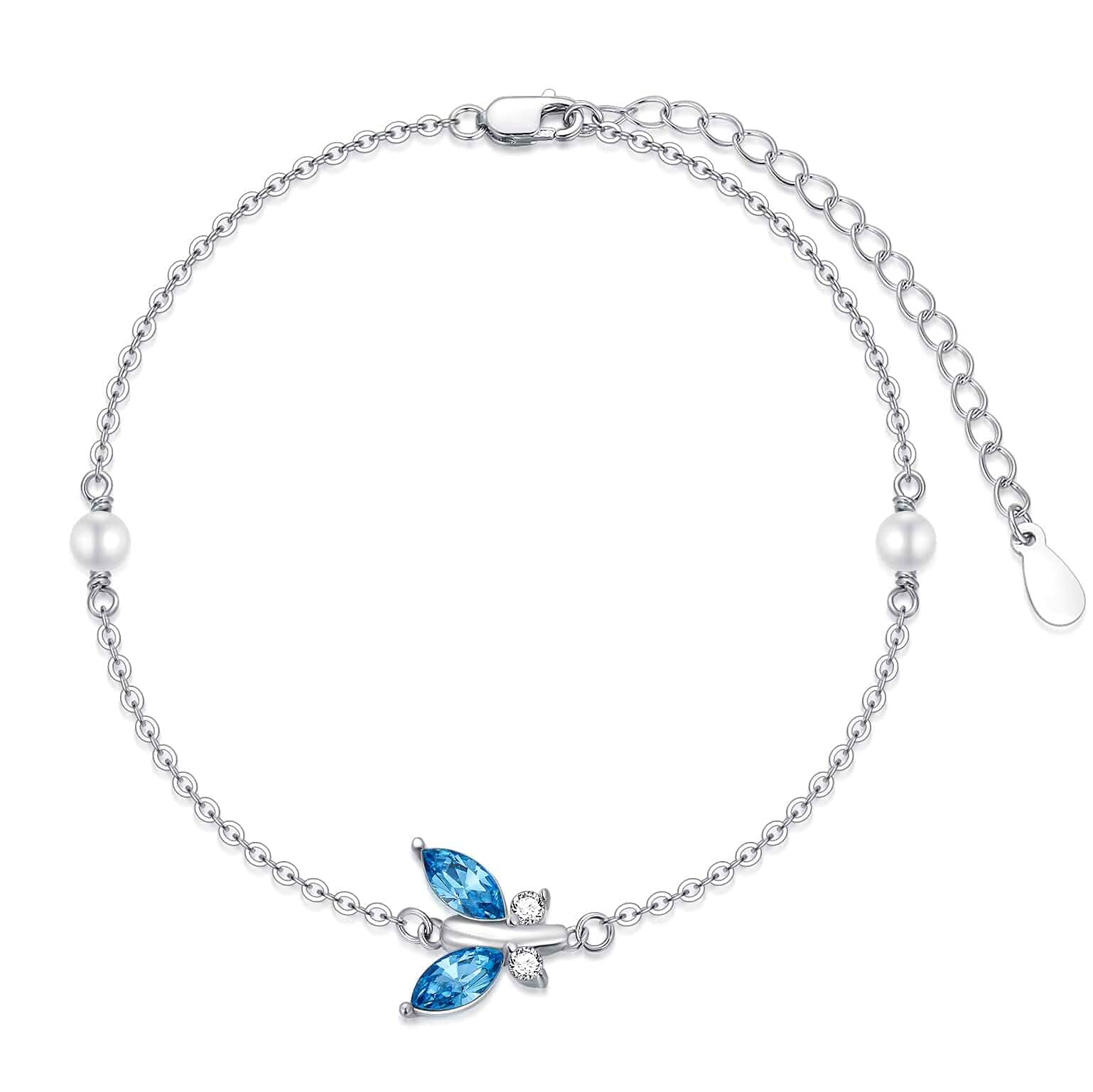 AOBOCO 925 Sterling Silver Butterfly Link Adjustable Bracelet with Birthstone Crystal from Austria, Butterfly Jewelry Gifts for Women 7-9 inches Adult