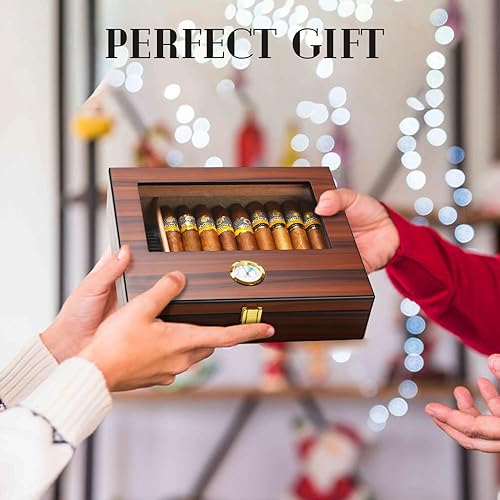 Miniatura 2 de Bald Eagle Humidor de puros, caja superior de vidrio con higrómetro humidificador, caja de madera de cedro de escritorio hecha a mano con capacidad