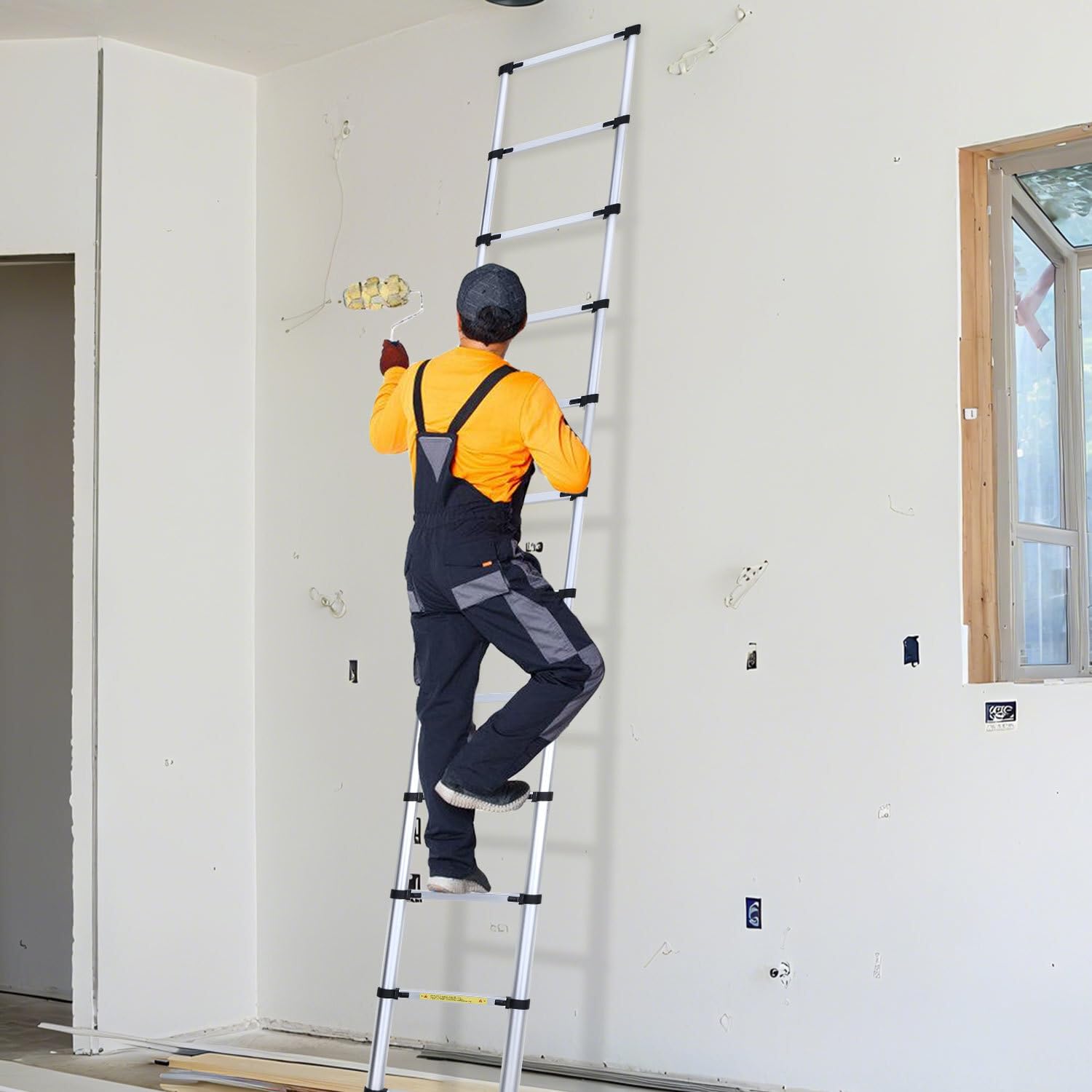 Teleskopleiter, 5M Aluminium Ausziehbare Leiter mit Stabilisator, Belastung 150kg, Rutschfester Aluleiter Stehleiter Mehrzweckleiter für Dachboden Büro Wohnmobil Klettern