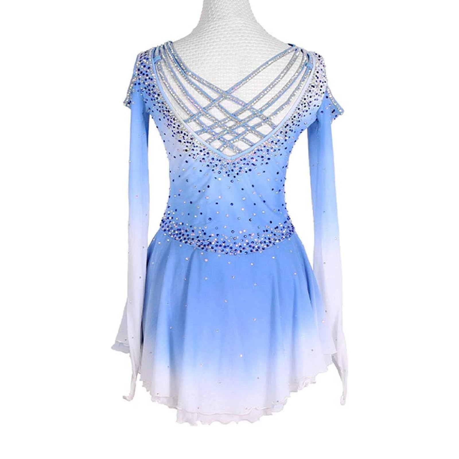 Langärmlige Eislaufkleider for Frauen Damen Hollow Dance Kleider mit Funkelnden Strasssteinen