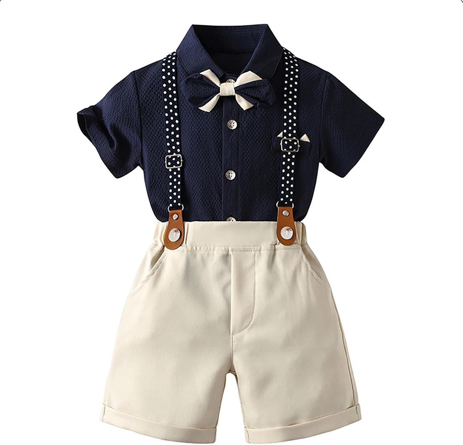 Infant Tuxedo Set Little Gentleman Outfit with Y-Back Suspenders Shorts for Wedding & Special Events