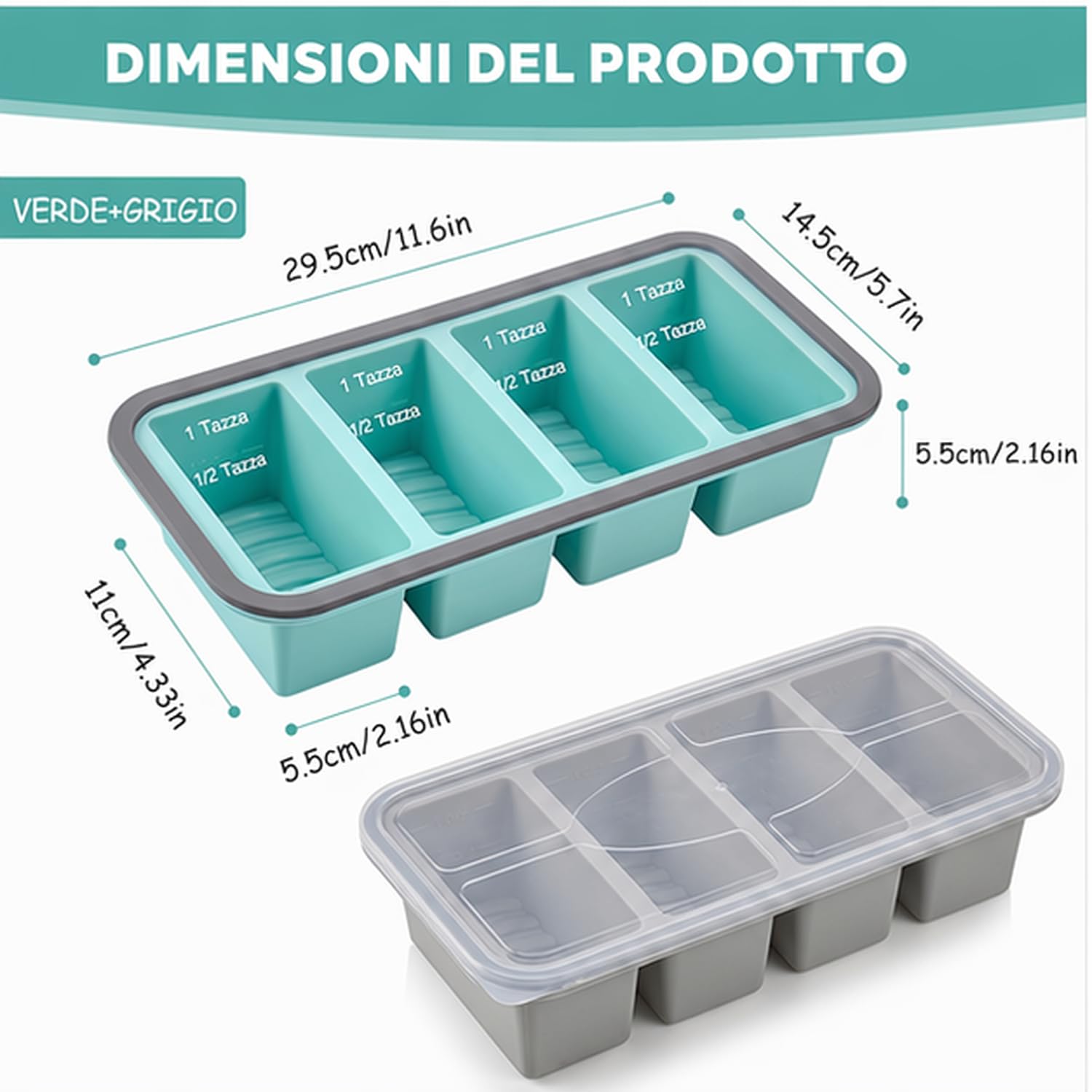 Set di 2 Contenitori Silicone per Freezer, Senza BPA 4 Cavità Contenitore Ghiaccio Freezer con Coperchi per Zuppe, Brodo, Salse e Cubetti Di Ghiaccio (1000 ml)