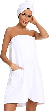 Plus Size White Spa Wrap Towel for Women 2X/3X, Microfiber Wearable Bath Shower Adjustable Sauna Body Towels with Pocket for Pool Beach Bathroom