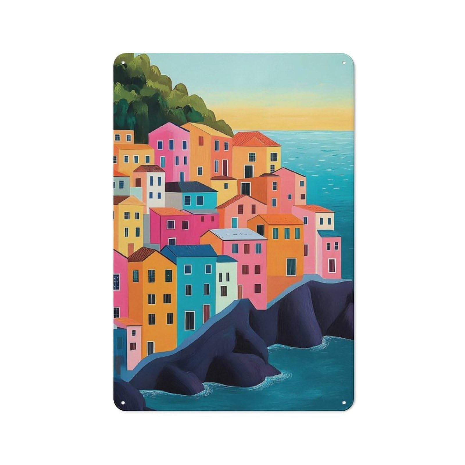 Junmoney Colorful Coastal Italy Village Painting Old Fashioned Retro Metal Sign 30X20cm Featuring Vintage Wall Decor For Kitchen, Hallway, Bar Or Small Cafe