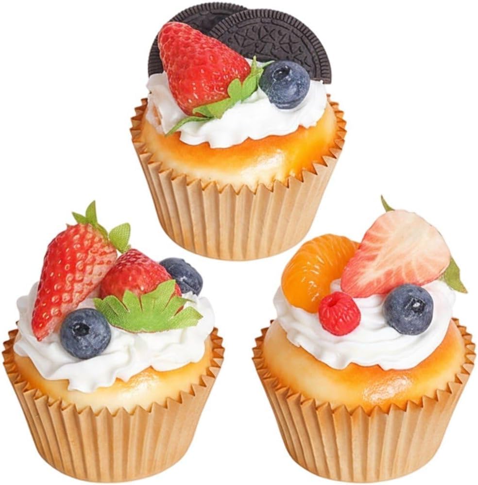 Artificial Cupcake 3 Pack - Realistic Fake Strawberry Cupcake Models Faux Dessert Props for Bakery Shop Kitchen Photography & Party Decoration