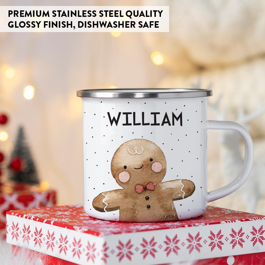 Andaz Press Personalized 11oz. Stainless Steel Campfire Coffee Mug Gag Gift, Watercolor Gingerbread Boy, 1-Pack, Custom Christmas Holiday Hot Chocolate Cup Mugs For Kids Hot Chocolate Mug