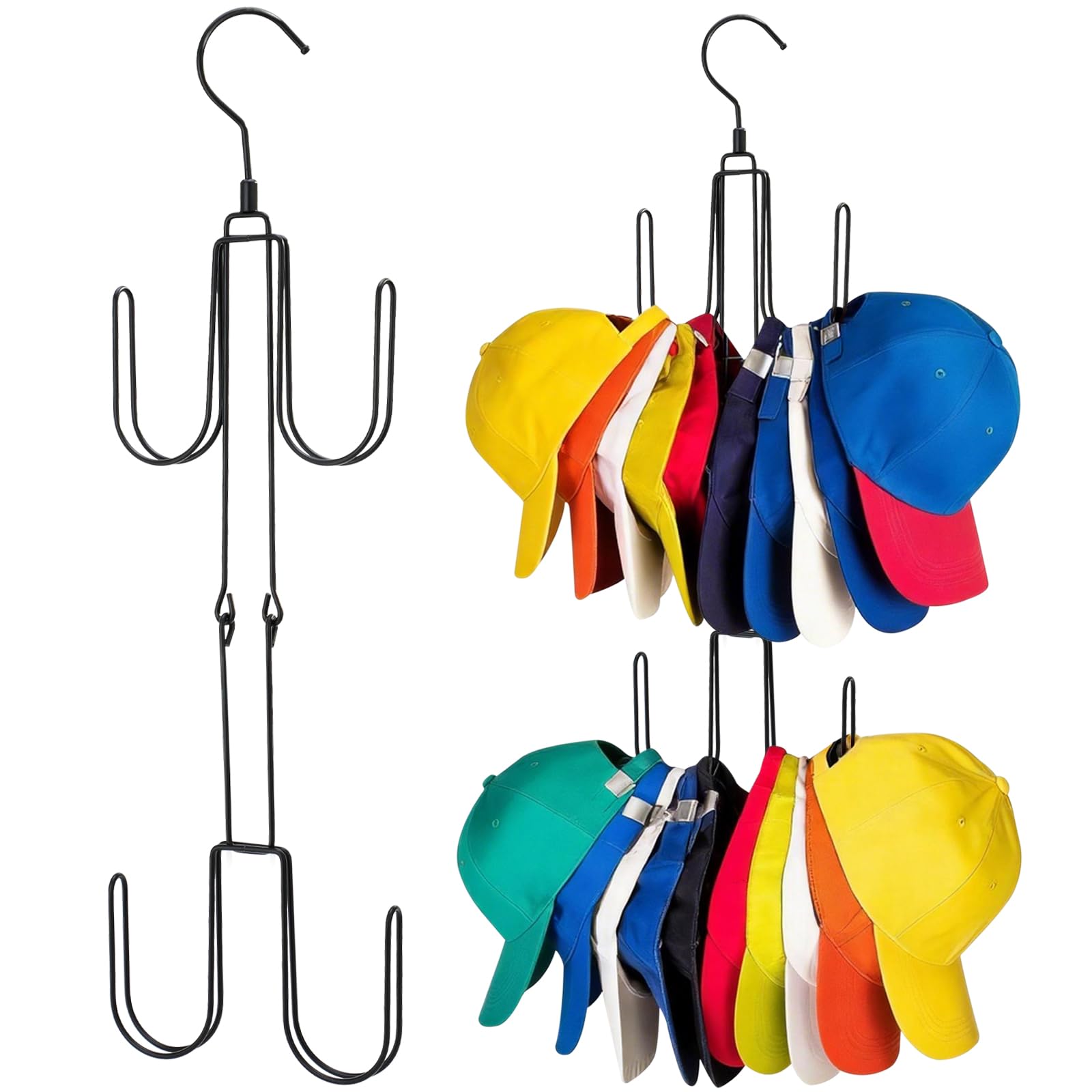Hat Organizer for Closet, Collapsible Caps Rack with 10 Rotatable Large Hooks, Holds Up to 40 Baseball Caps, Metal Space Saving Hat Hanger for Display, Storage Organizers (Black-2tier, 1 pack)