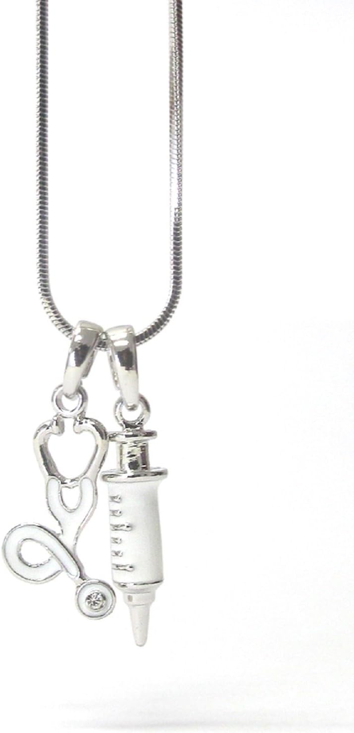 Shoppingbuyfaith MA, Doctor, Nurse Theme Pendant Stethoscope Necklace Silver and White