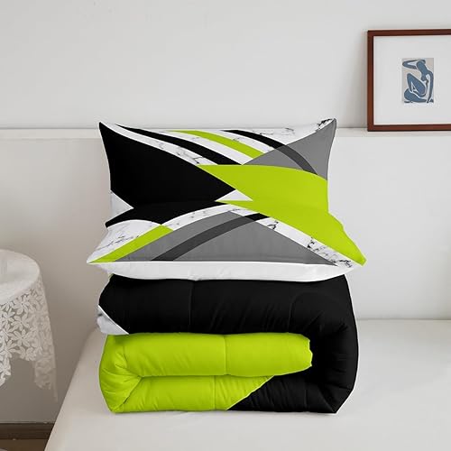 Miniatura 5 de Juego de edredón verde lima y gris, juego de ropa de cama geométrica verde, negro y blanco, tamaño individual, patrón de retazos, geométrico,