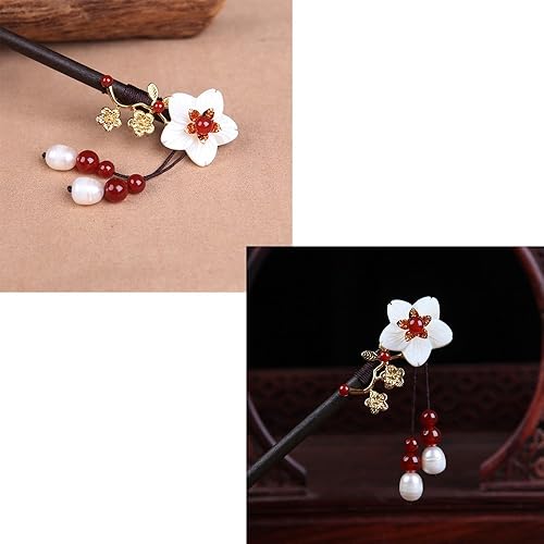 Miniatura 5 de Horquilla clásica china con concha de perla, tocado de flores, palillos para el cabello para mujeres, palillos de madera de 7.08 pulgadas para