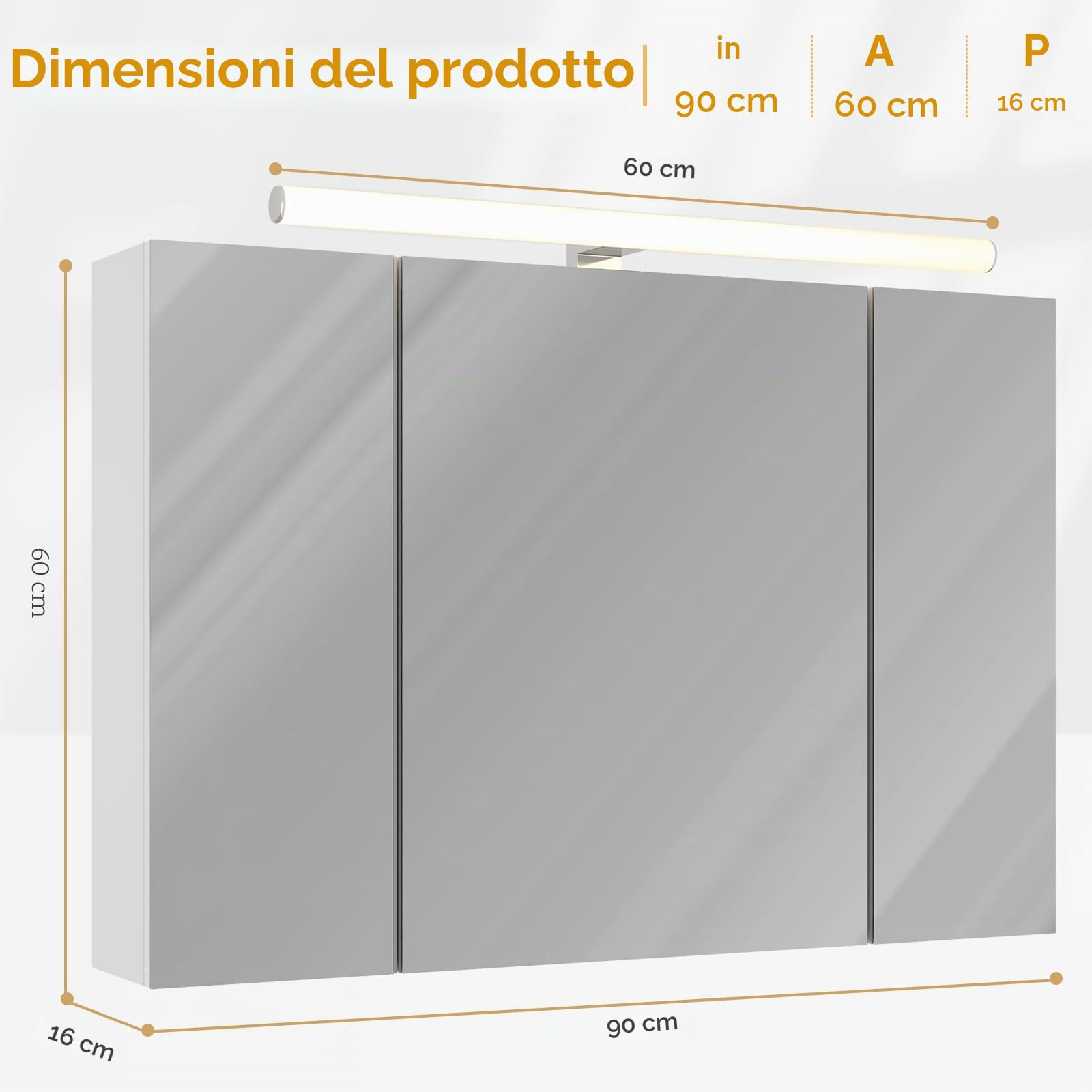 DICTAC Specchio Bagno Contenitore con Luce e Presa Elettrica Mobile Bagno con Specchio e Led illuminazione 90x16x60cm Armadio specchio Bagno con 3 ante e Mensola Regolabile,Bianco